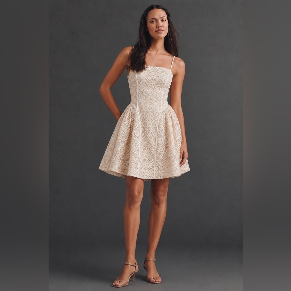 NWT! By Anthropologie Lace Basque-Waist Mini Dress in Ivory - Multiple🛋️🍊🪑 - Picture 2 of 15